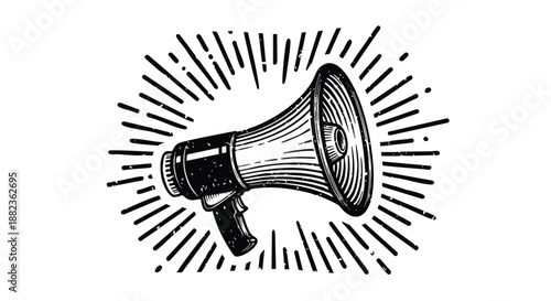 Retro Megaphone with Sunburst Rays - Announcing News and Ideas.