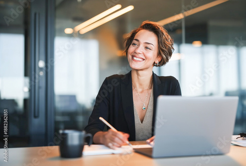 Smiling businesswoman in black blazer working on laptop at office desk, modern corporate interior background, natural light, medium shot, professional workspace setting.