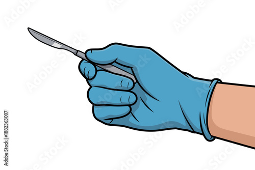 A gloved hand holding a scalpel against a white background