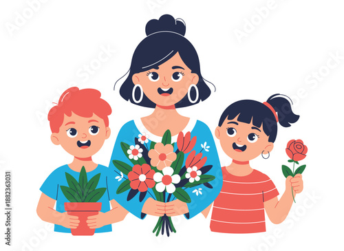 A mother and her two children happily holding flowers and a plant on a white background