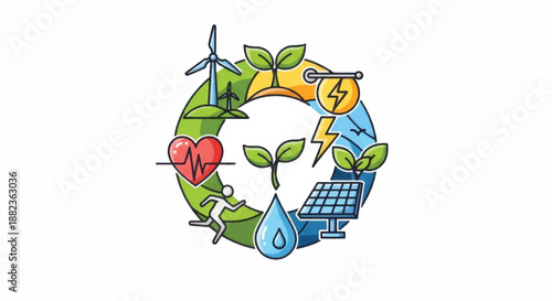 Sustainable energy and healthy living cycle illustration.