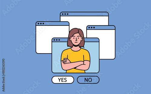 A cartoon woman appears on multiple computer screens with a yes or no choice