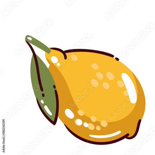 Lemon fruit icon with textured peel and flat colors. Yellow lemon citrus shape with bold outline, fresh food symbol for menu, packaging and healthy nutrition. Cartoon vector illustration.