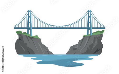 An illustration of a suspension bridge spanning a body of water between two rocky cliffs