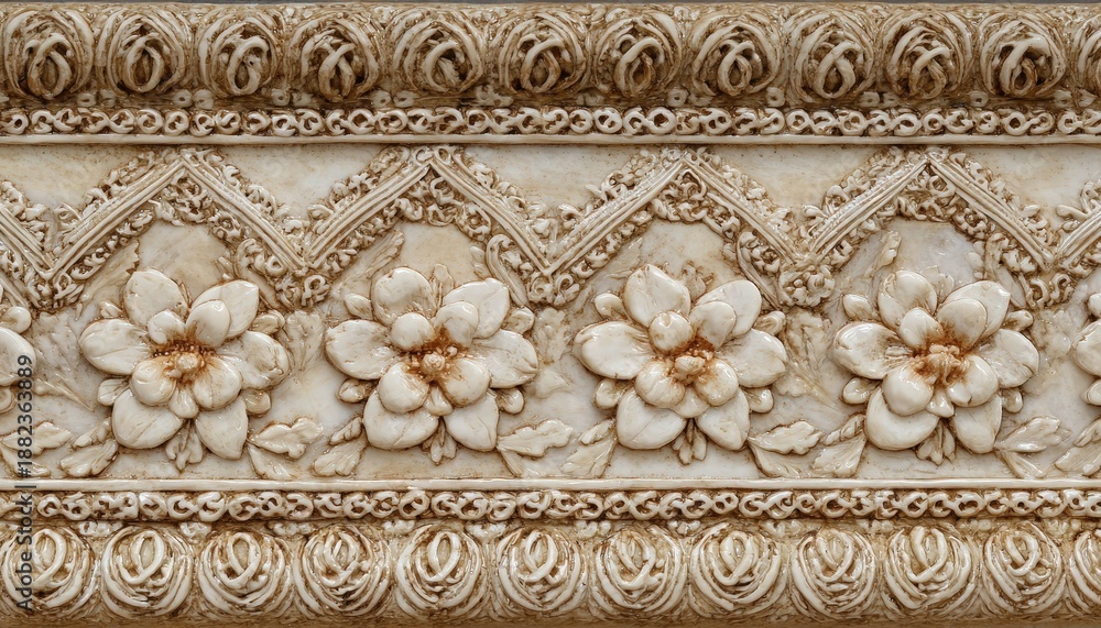 Obraz premium Intricate sculpted border features a repeating pattern of relief flowers and ornamental scrollwork