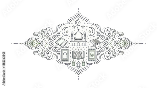 Intricate Islamic Mandala with Mosque and Quran Line Art.