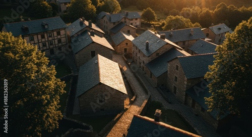 Aerial shot of stone village nestled in forested valley, bathed in warm sunset light
