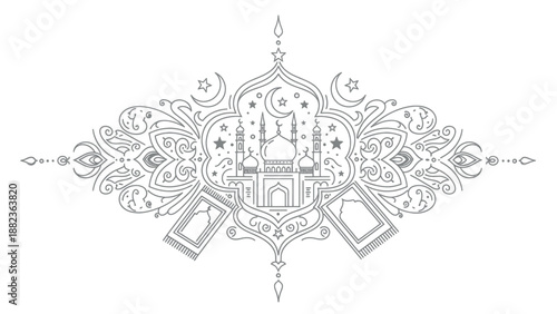 Intricate Islamic Mosque and Quranic Ornate Line Art Design.
