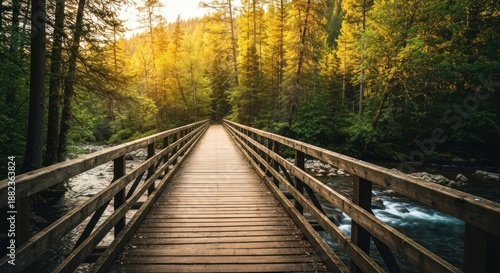 A wooden bridge over a river, leading into a sunlit forest, with vibrant autumn colors
