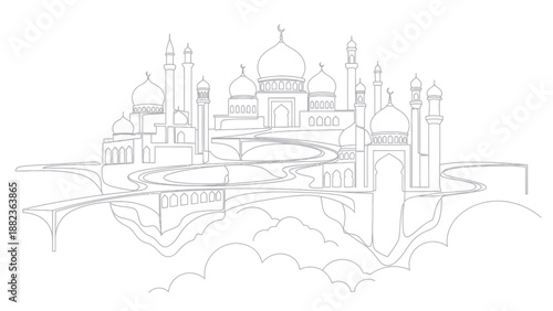 Intricate Line Art Drawing of a Fantasy City with Domes and Minarets Floating on Clouds.