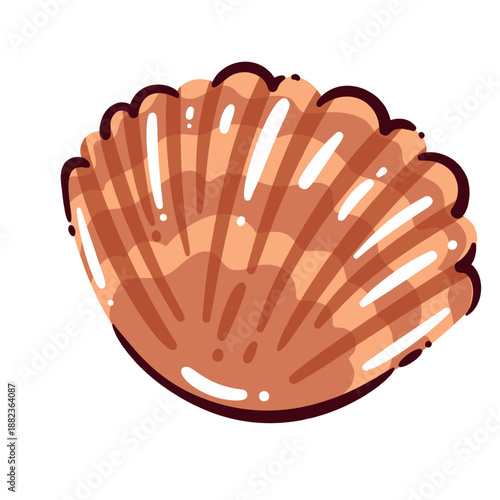 Scallop seafood delicacy with shell, premium sea scallop for gourmet and mediterranean cuisine, luxury marine ingredient, healthy protein food, fine dining concept, cartoon vector illustration