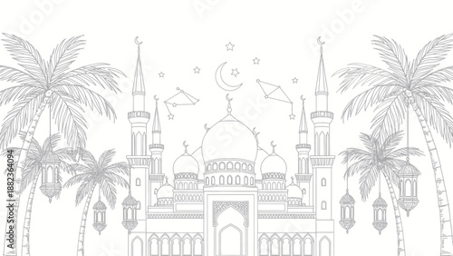 Intricate Mosque with Palm Trees and Lanterns Line Art.