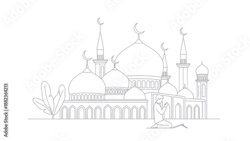 Islamic Mosque Architecture with a Person Praying.