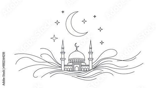 Islamic Mosque Architecture with Crescent Moon and Stars.