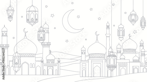 Islamic Mosque Architecture with Crescent Moon and Lanterns.