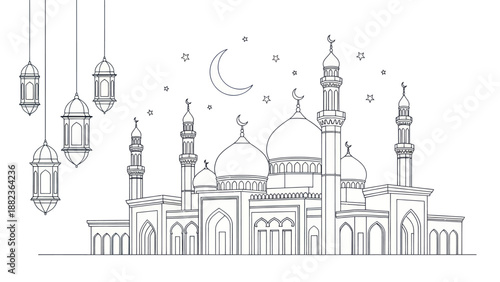 Islamic Mosque Architecture with Hanging Lanterns and Crescent Moon.