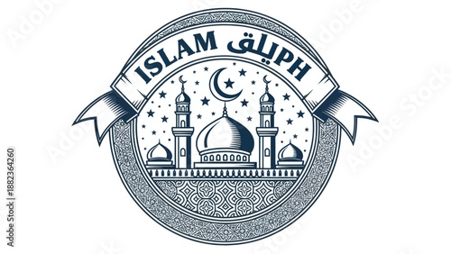 Islamic Mosque Emblem with Crescent Moon and Minarets.