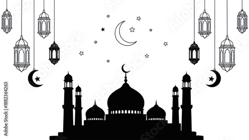 Islamic Mosque Silhouette with Crescent Moon and Lanterns.