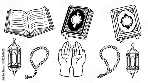 Islamic Religious Symbols Collection - Quran, Prayer Beads, Lanterns, and Praying Hands.