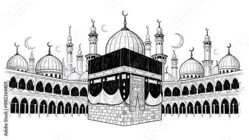 Kaaba and Grand Mosque in Mecca, Saudi Arabia, hand-drawn sketch.