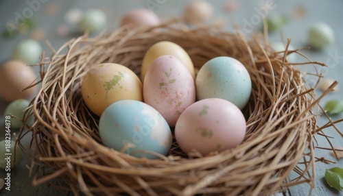 Colorful Pastel Eggs in a Rustic Nest, Decorated for Spring Celebrations and Seasonal Festivities