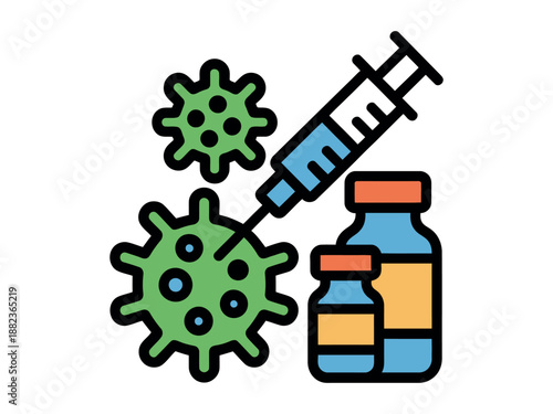 A cartoon illustration of a syringe and vaccine vials with virus cells