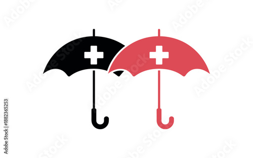 Two umbrellas with white crosses on a plain background, symbolizing protection and medical care.