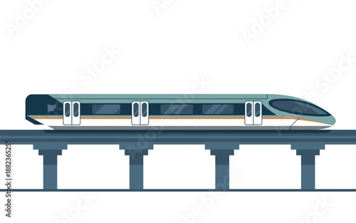 A sleek, modern bullet train travels along an elevated track against a clean white background.
