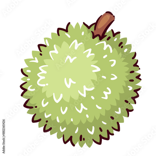 Durian tropical fruit icon with spiky green shell and rounded shape. Exotic Asian fruit with textured surface, bold outline and flat shading. Cartoon vector illustration.