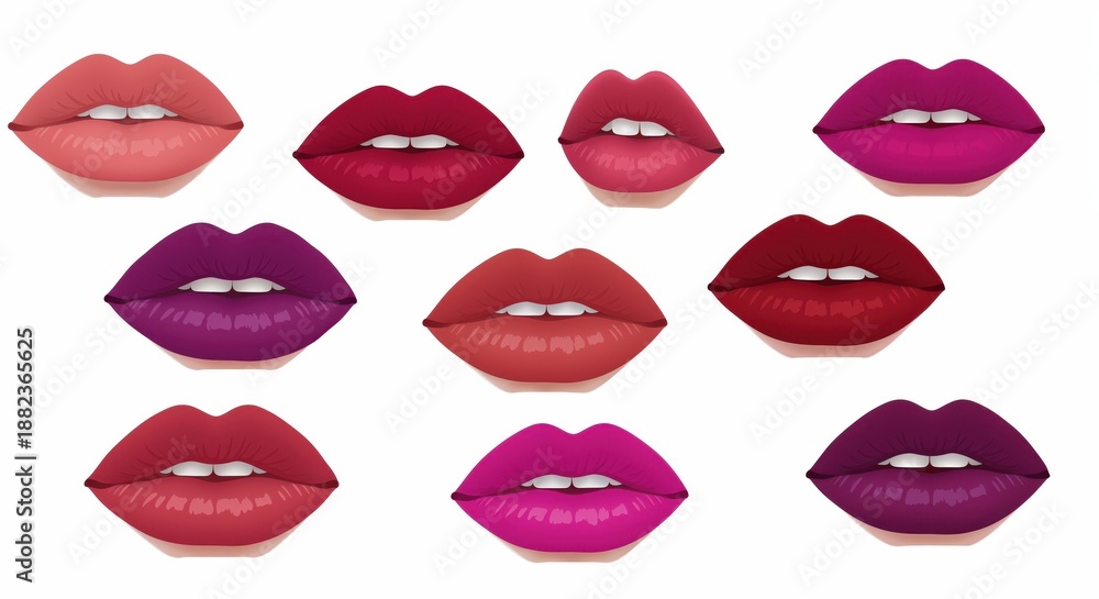 Fototapeta premium Color Palette: A vibrant collection of perfectly shaped lips, each showcasing a unique shade of rich, luxurious lipstick hues.
