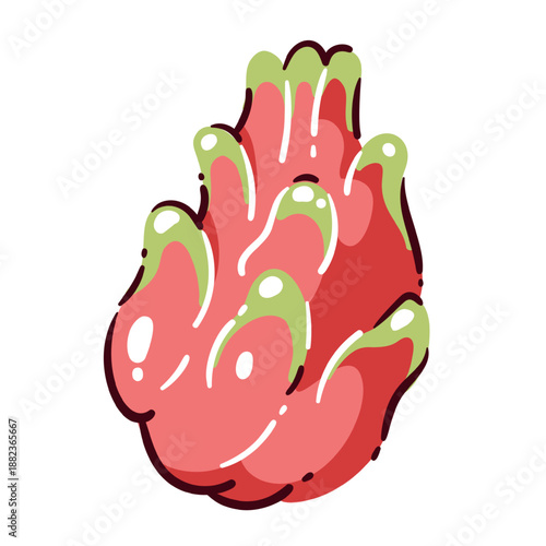 Dragon fruit with pink skin and green scales, exotic tropical pitaya with smooth surface and bold outline, whole fruit form in flat cartoon style. Vector illustration.