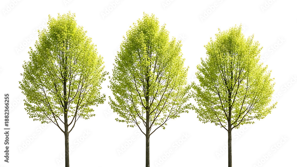 Obraz premium three green trees with fresh spring foliage stand tall isolated on a white background for easy compositing in architectural and environmental design.