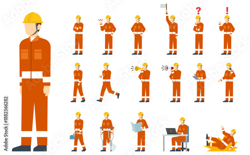 フラットイラスト：オレンジの作業着を着た作業員セット