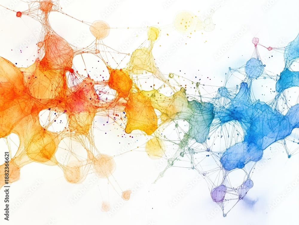 Obraz premium Watercolor network topology diagram inspired art routers servers and connections visualized as organic shapes merging technology with creativity 