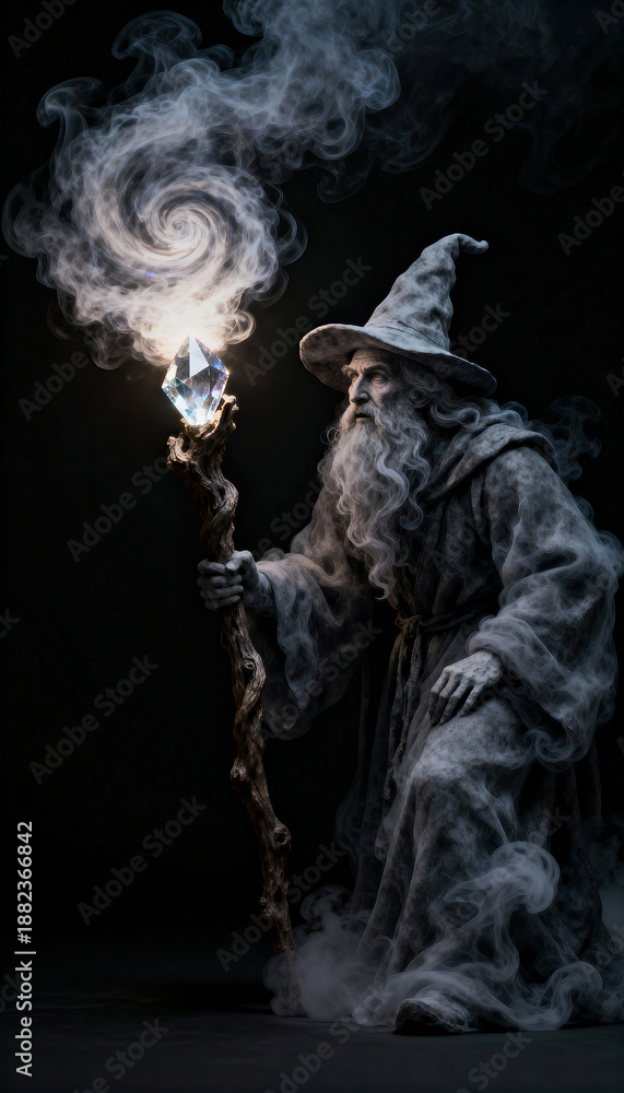 Fototapeta premium Wizard with glowing crystal staff conjuring swirling smoke and magical mist