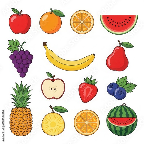 Colorful Assortment of Fresh Fruits Illustration for Healthy Eating.