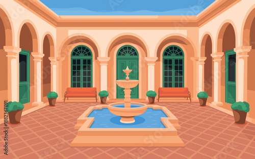 A serene courtyard with a fountain and arched windows in a Mediterranean-style building