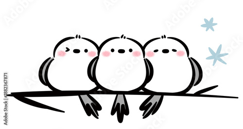 枝に並んだほのぼのかわいい手書きタッチのシマエナガ