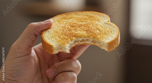 Hand Holding Bitten Slice of Golden Toast
