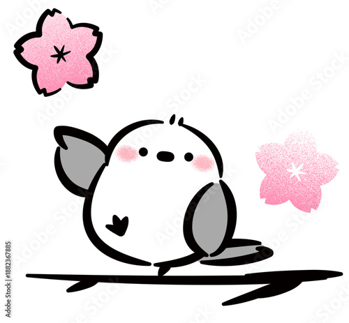 桜とほのぼのかわいい手書きタッチのシマエナガ