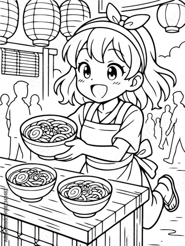 Noodle shop :A cheerful anime character chef enthusiastically presents freshly prepared ramen bowls in a bustling street food setting, captured in captivating black and white style.