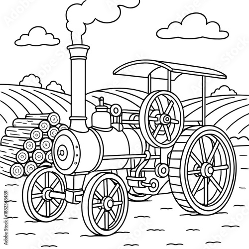 Vintage steam engine illustration: A detailed black and white illustration of a vintage steam engine standing proudly in a cultivated field, steam billowing into the sky.