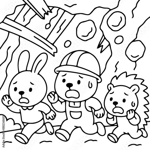 The Great Escape: a bunny, bear, and hedgehog, caught in a perilous scene. They embody courage, urgency, and the will to survive.