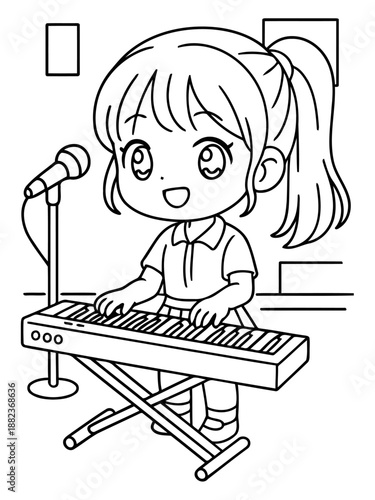 Harmony in Performance: An animated female figure, immersed in the rhythm, pours her heart into the music, playing a keyboard.