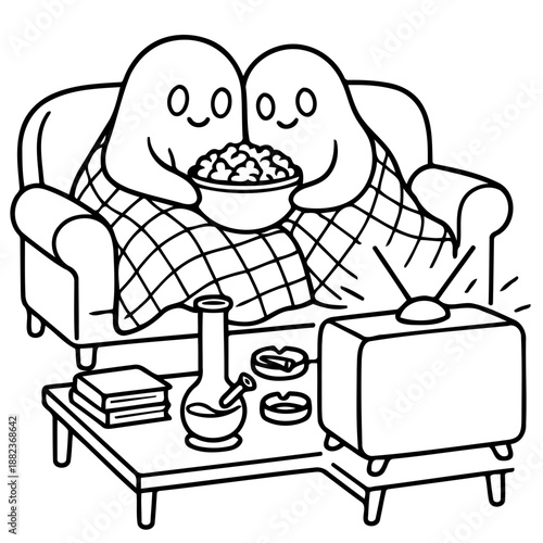 Cozy Movie Night: Two endearing characters snuggle under a blanket on a couch, sharing a bowl of popcorn and enjoying a movie together. A tranquil evening spent by the television.