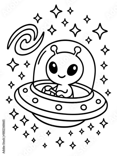 Alien in Space: A cute alien in spaceship, surrounded by stars and galaxies, ready for intergalactic adventures.