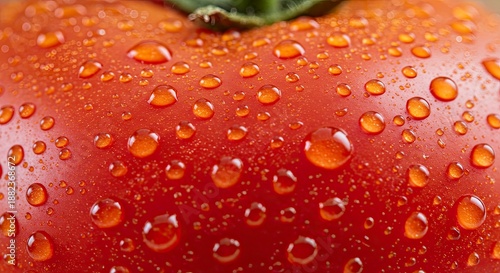 Macro Close-up of Red Tomato Surface with Water Droplets