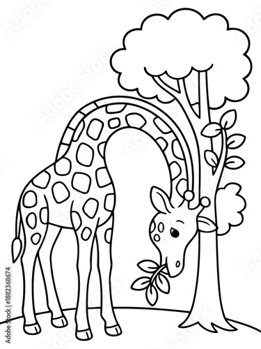 Gentle Giraffe's Greenery Feast: A captivating black and white line art depicting a giraffe gracefully reaching for leaves from a towering tree, in a simplistic and beautiful illustration.