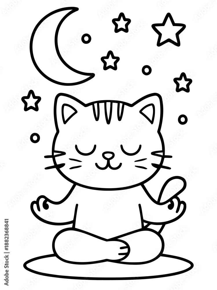Obraz premium Meditative Cat in Celestial Peace: An illustrative depiction showcases a serene cat in a lotus position, radiating tranquility amidst a starry nightscape. The image evokes a sense of calmness.