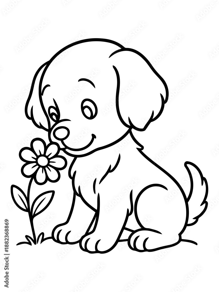 Obraz premium Puppy's Floral Delight: A charming illustration depicts a sweet puppy sniffing a delicate flower, its cheerful expression reflecting the innocence and joy of the moment.